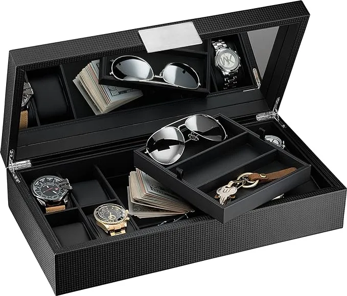 Glenor Co Watch and Sunglasses Box with Valet Tray for Men -14 Slot Luxury ...