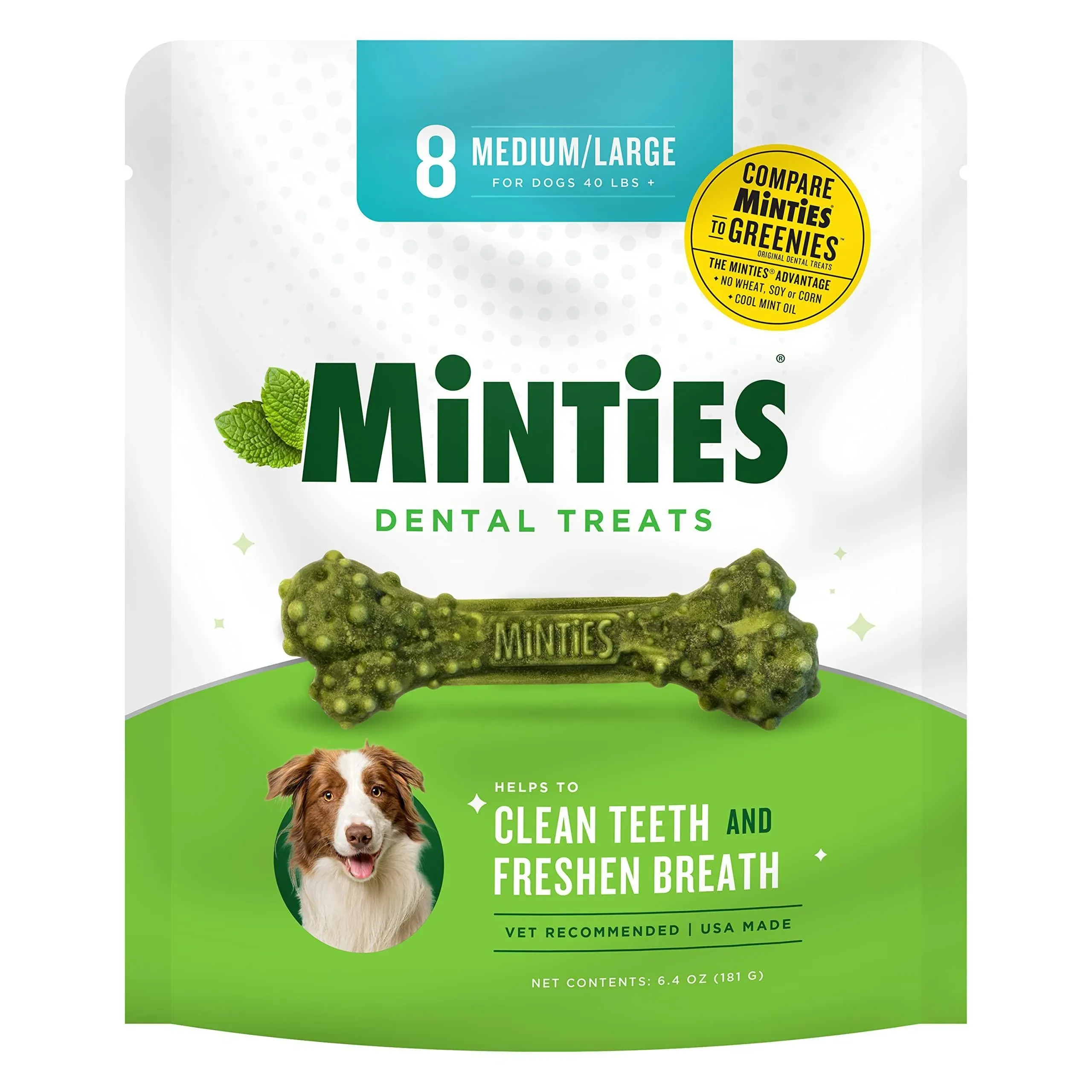 VetIQ Minties Dental Bones, Medium/Large for Dogs 40 Pounds Plus - 8 bones, 6.4 oz