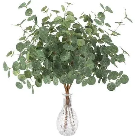 FUNARTY 6pcs Artificial Eucalyptus Leaves Stems 25in Tall with 80 Leaves Greenery Stems Fake Silver Dollar Eucalyptus Plant Branches for Farmhouse Vase Bouquets Wedding Home Decor