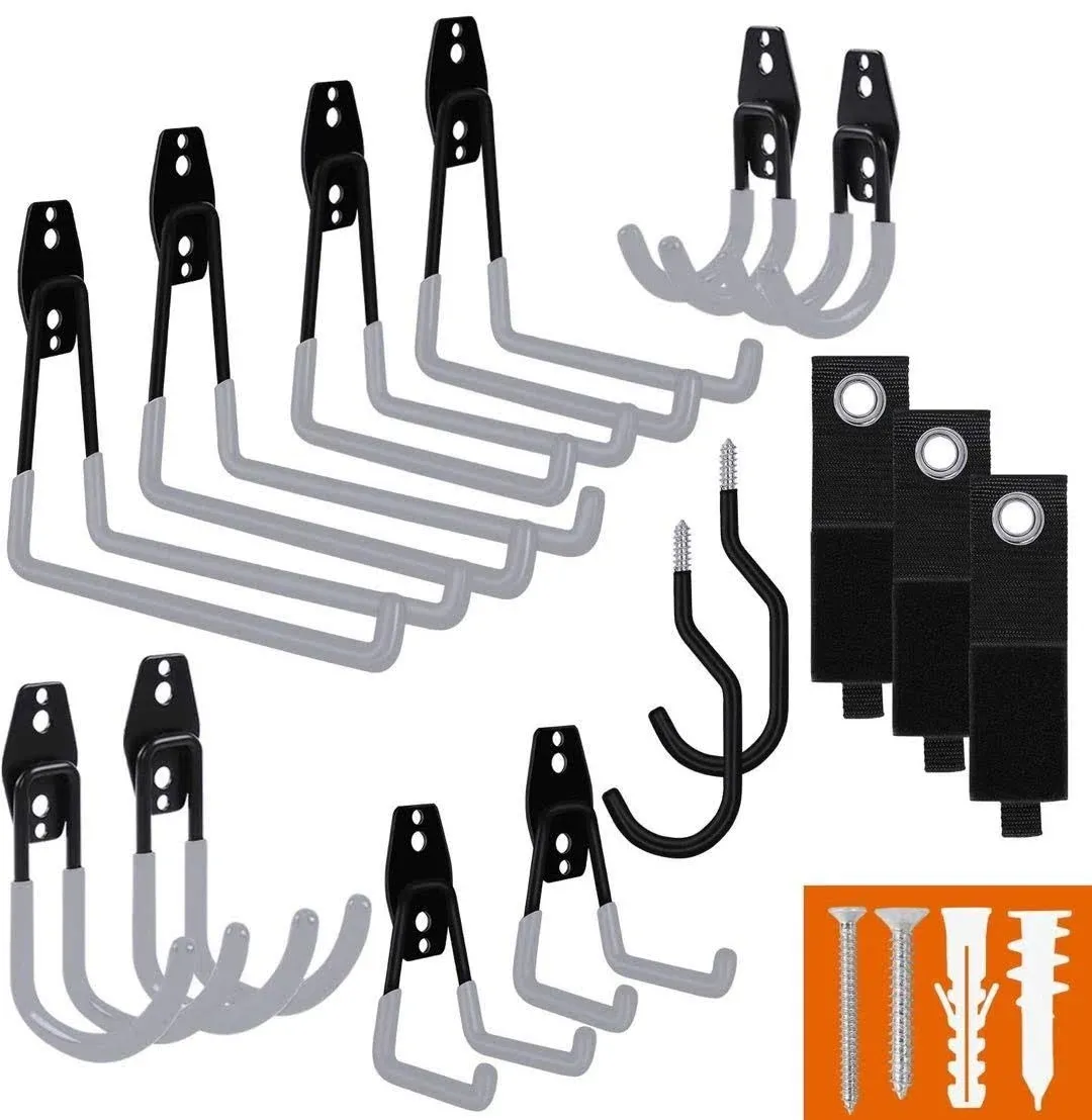 Garage Hooks with Bike Hook &amp; Extension Cord Organizer 15 Pack Set Steel Mult...