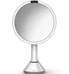 simplehumanTabletop Mount 8" Round Sensor Makeup Mirror with Touch-Control Dual Light Settings, 5X Magnification, Rechargeable and Cordless, White Stainless Steel