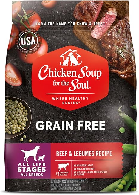 Chicken Soup for the Soul Pet Food Grain-Free Dry All Stages Dog Food, Beef & Legumes Recipe, 25 Pound Bag | Soy, Corn & Wheat Free, No Artificial Flavors or Preservatives