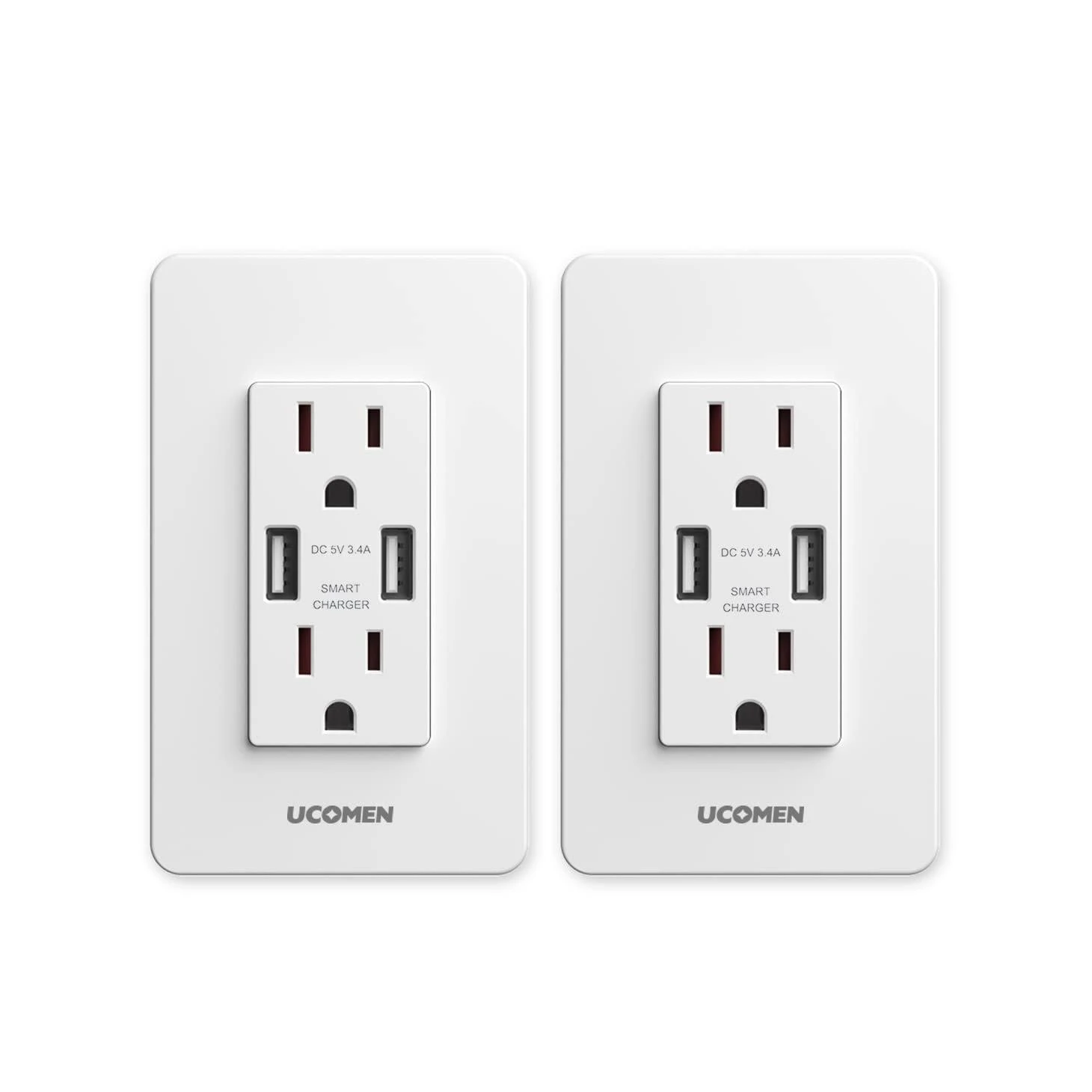 UCOMEN 3.4A Wall Outlet with USB Ports 15Amp Duplex USB Wall Outlets Tamper Resistant USB Outlet Charger, Electrical Outlet with Dual USB Ports, White USB Outlets Receptacles, 2 Pack