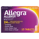 Allegra Adult 24HR Non-Drowsy Antihistamine, 15 Tablets, Fast-acting Allergy Symptom Relief, 180 mg