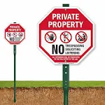 SmartSign 10" x 10" 'Private Property No Trespassing No Soliciting Offenders Prosecuted' Octagon Yard Sign with 3 ft Stake, 40 mil Laminated Rustproof Aluminum, Red/Black and White, USA-Made