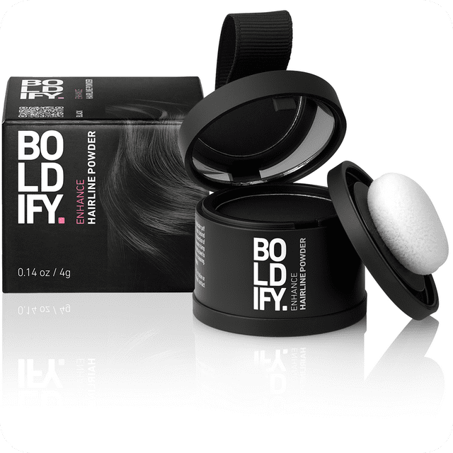 BOLDIFY Polvo de línea capilar (negro) a prueba de manchas instantáneas de 48 horas que se bloquea para cabello y barba de cuerpo completo | Spray de polvo de pérdida de cabello para adelgazamiento, puntos calvos y línea de raíces grises