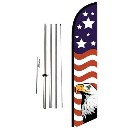 American Glory Patriotic American Eagle Feather Banner Swooper Flag Sign with 15 foot Flag Pole Kit and Ground Stake, Stars On Top, USA