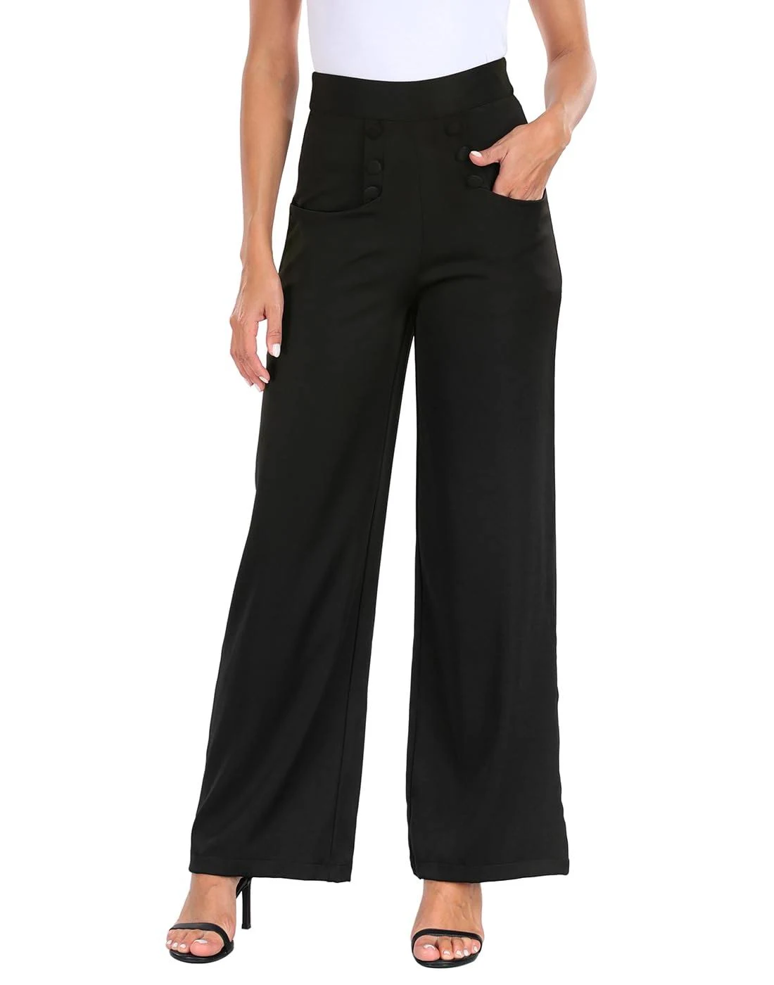 HDE Womens High Waisted Dress Pants Long Wide Leg Palazzo Trouser Tall S-Plus Black L