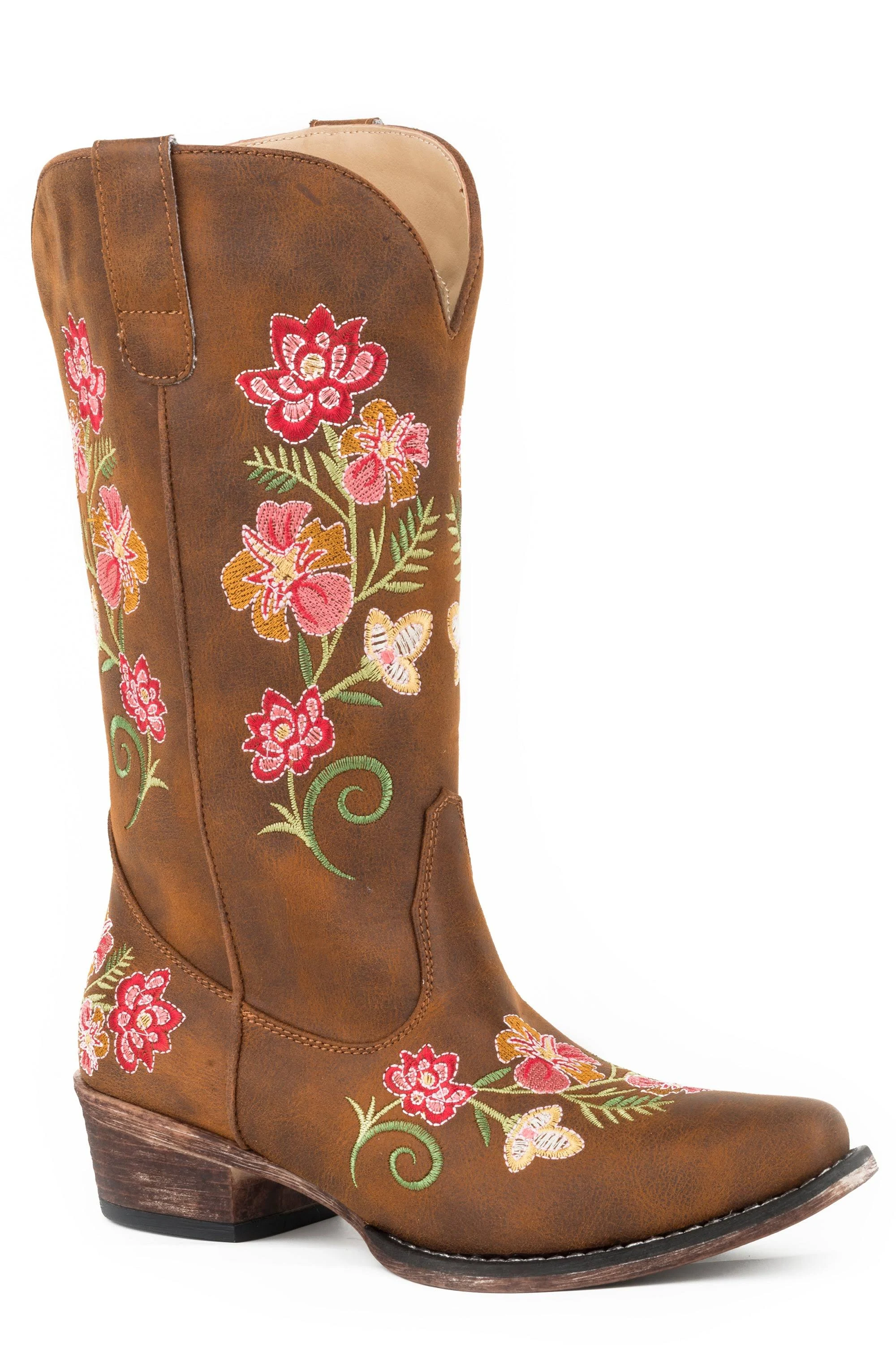 Roper Womens Cognac Faux Leather Riley Floral Cowboy Boots