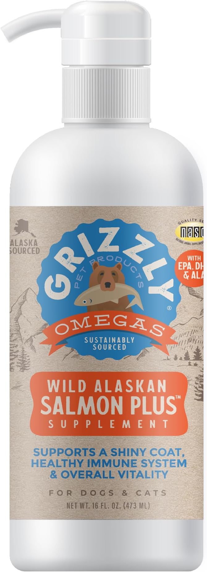 Grizzly Wild Alaskan Salmon Oil Dog Food Supplement Omega 3 Fatty Acids, 16 oz