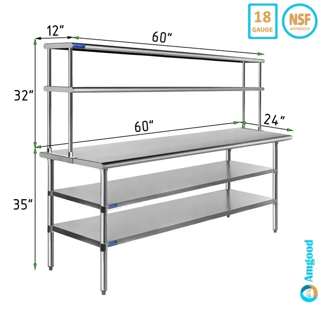 AmGood 24  x 36  Stainless Steel Work Table With 12  Wide Double Tier Overshelf | Metal Kitchen Prep Table & Shelving Combo