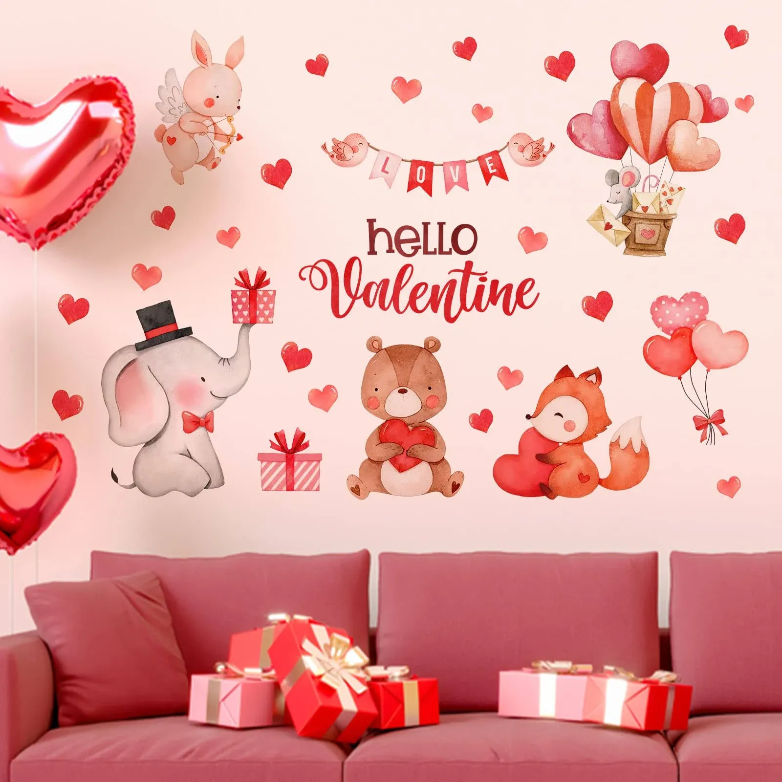 Mfault Valentines Day Love Heart Wall Decals Stickers, Hello Valentine Animals Wedding Anniversary Romantic Love Decorations Bedroom Art, Red Heart Balloon Holiday Home Kitchen Room Decor