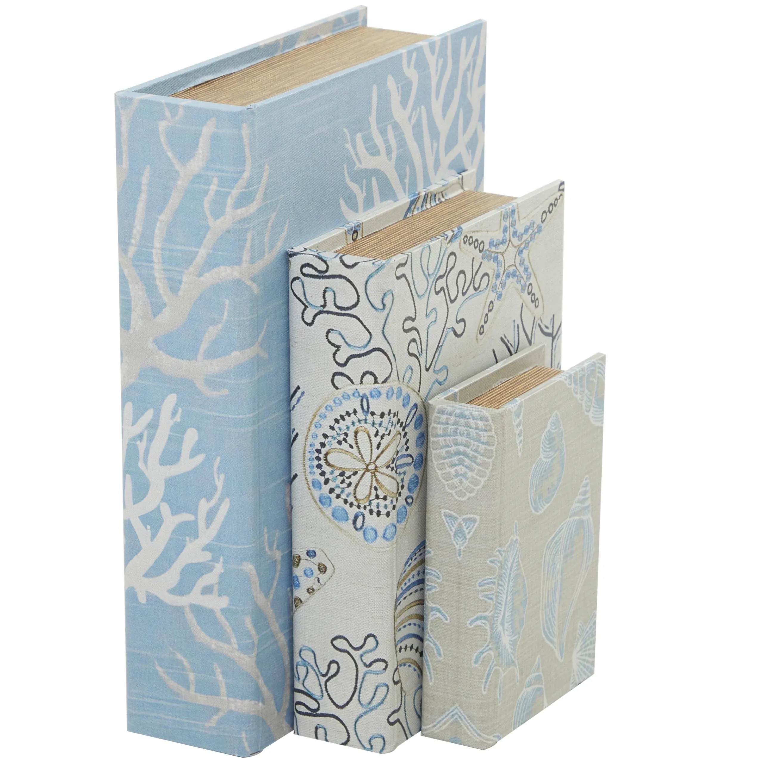 Deco 79 Canvas Decorative Box Faux Storage Book Book Shaped Boxes with Varying Coral and Shell Patterns, Set of 3 Decorative Keepsake Boxes 12", 9", 6"H, Light Blue