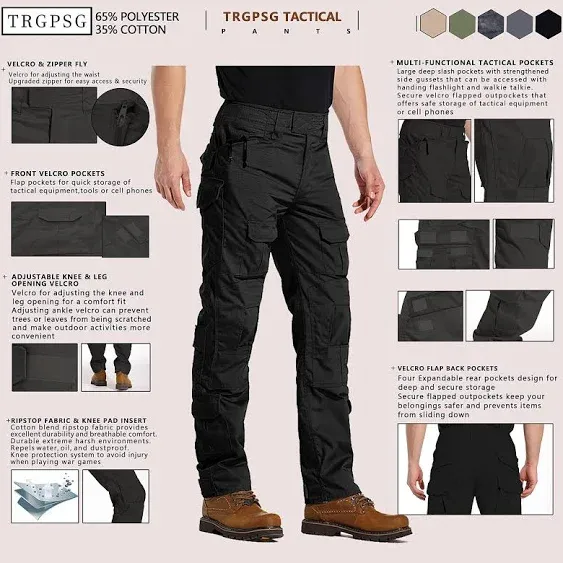 Trgpsg Men's Hiking Pants, Ripstop Camo Cargo Pants, Multi-Pocket Casual Work Pants Wg3F Black 32