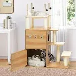 YITAHOME Modern Cat Tree with Litter Box Enclosure, Hidden Litter Box Furniture, Large Cat Tower with Hammock, All-in-One Wooden Cat Condo House for