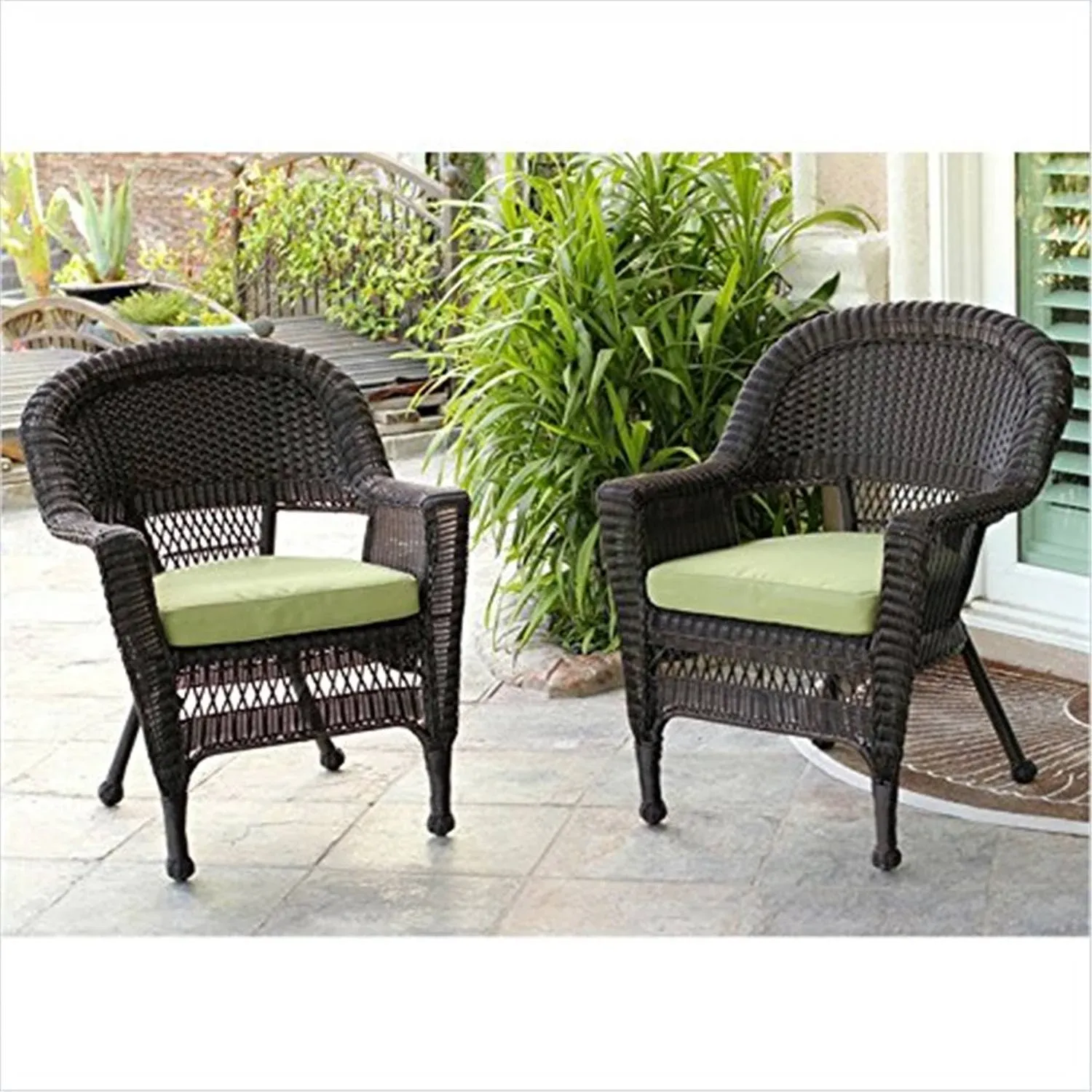 Jeco Wicker Chair with Green Cushion, Set of 2, Espresso