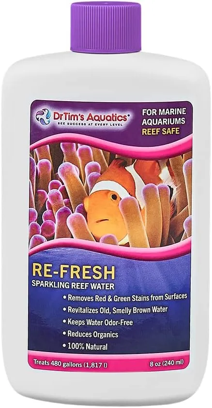 DrTim's Aquatics Re-Fresh for Reef Aquariums – 100% Natural Fish Tank Sanitizer & Revitalizer Conditioner Solution Fresh, Crystal-Clear, Sparkling Water - Size 8 oz Treats 480 gal