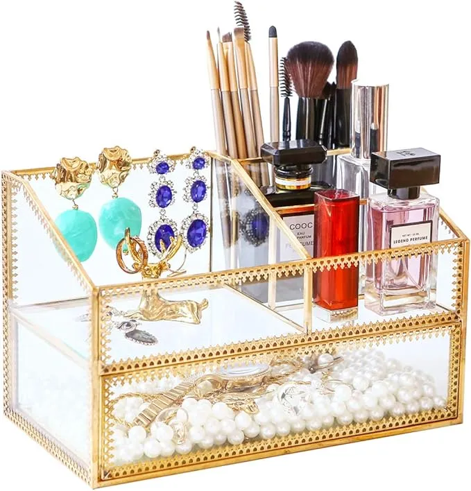 Levilan Golden Glass Box Vanity Tray Glass Case Makeup Display Organizer on ...