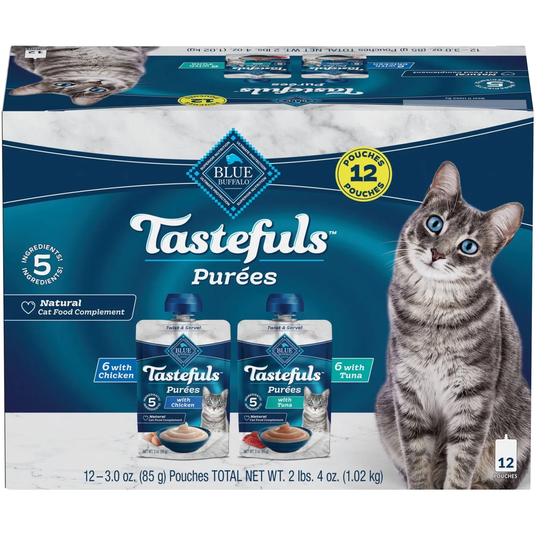 Blue Buffalo Tastefuls Adult Natural Purees Variety Pack Chicken & Tuna Wet Cat Food, 3-oz Pouch, Case of 12