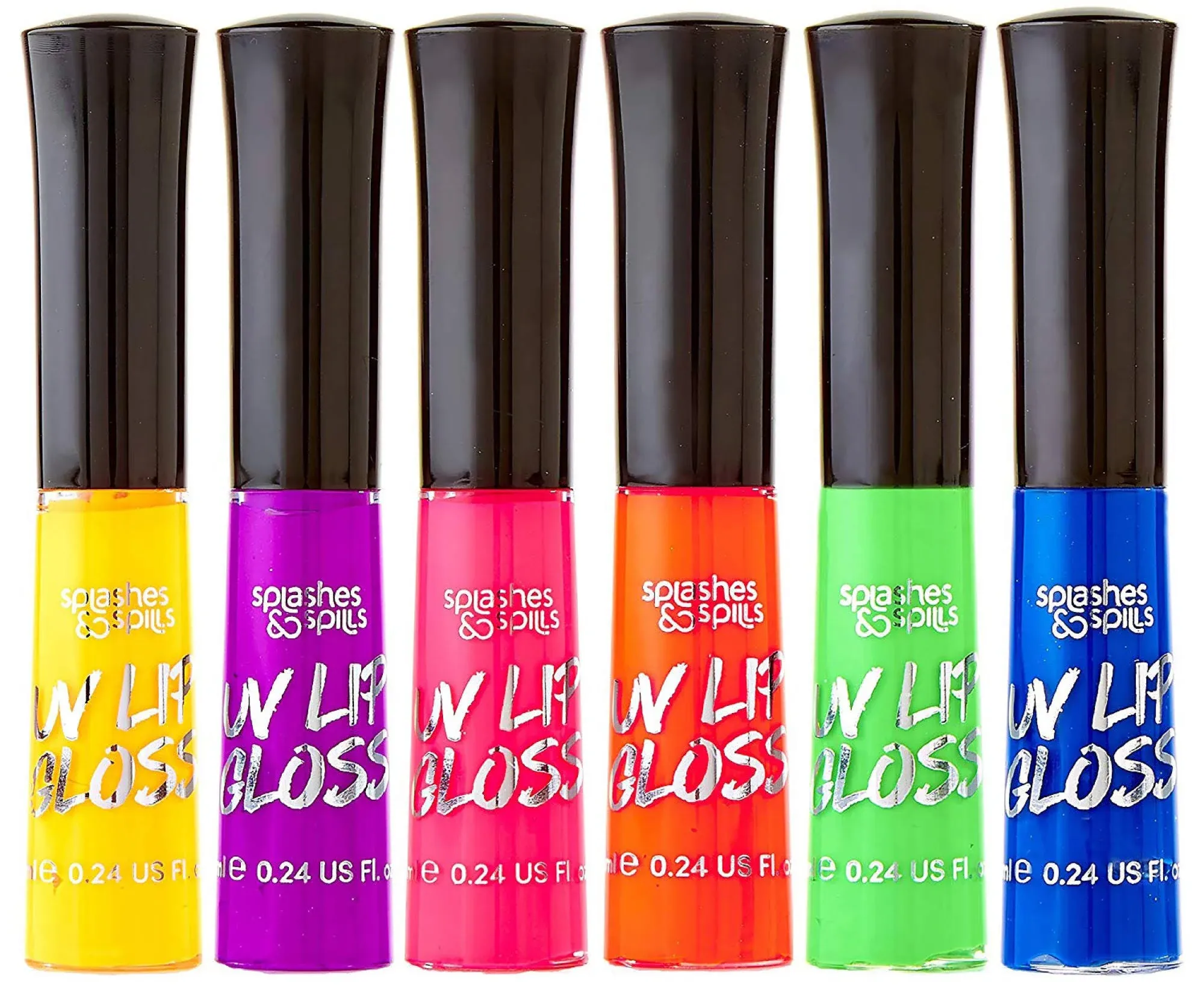 splashes & spills UV Blacklight Lip Gloss - 6 Color Variety Pack, 3.7g - Day or Night Stage, Clubbing or Costume Makeup