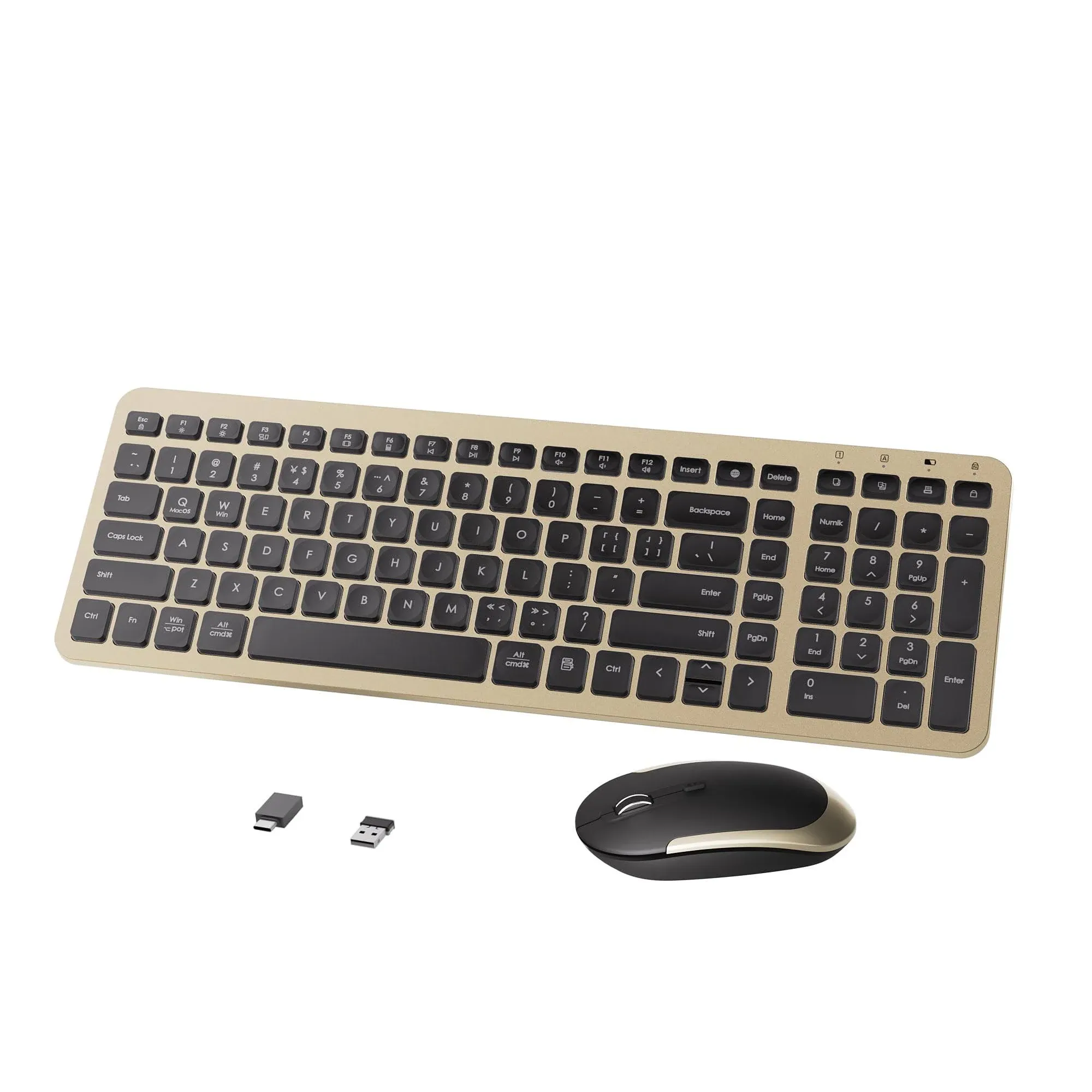 Wireless Keyboard Mouse Combo - 2.4Ghz Compact Quiet Keyboard and Mouse Wireless - 106 Keys Full Size Ergonomic Keyboard for Laptop, Computer, PC, Notebook, Windows, Mac OS (Gold Black)