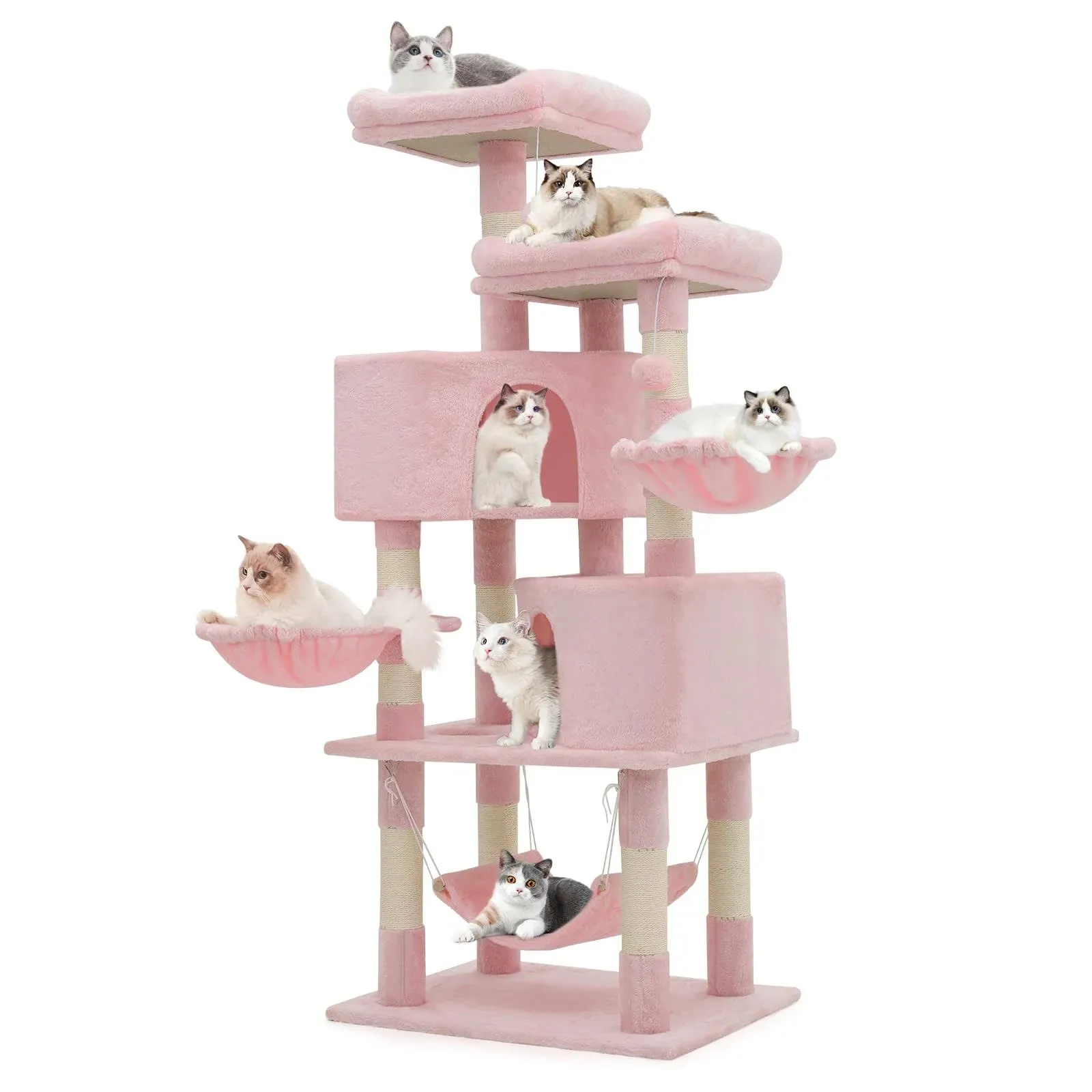 MoNiBloom Cat Tree, 58 Inch Cat Tree Tower with 2 Cat Condo, Cat Tower with Scratching Post, Cat Climbing Tower with 3 Hammock, Cat Tree for Indoor Cats, Soft Pink