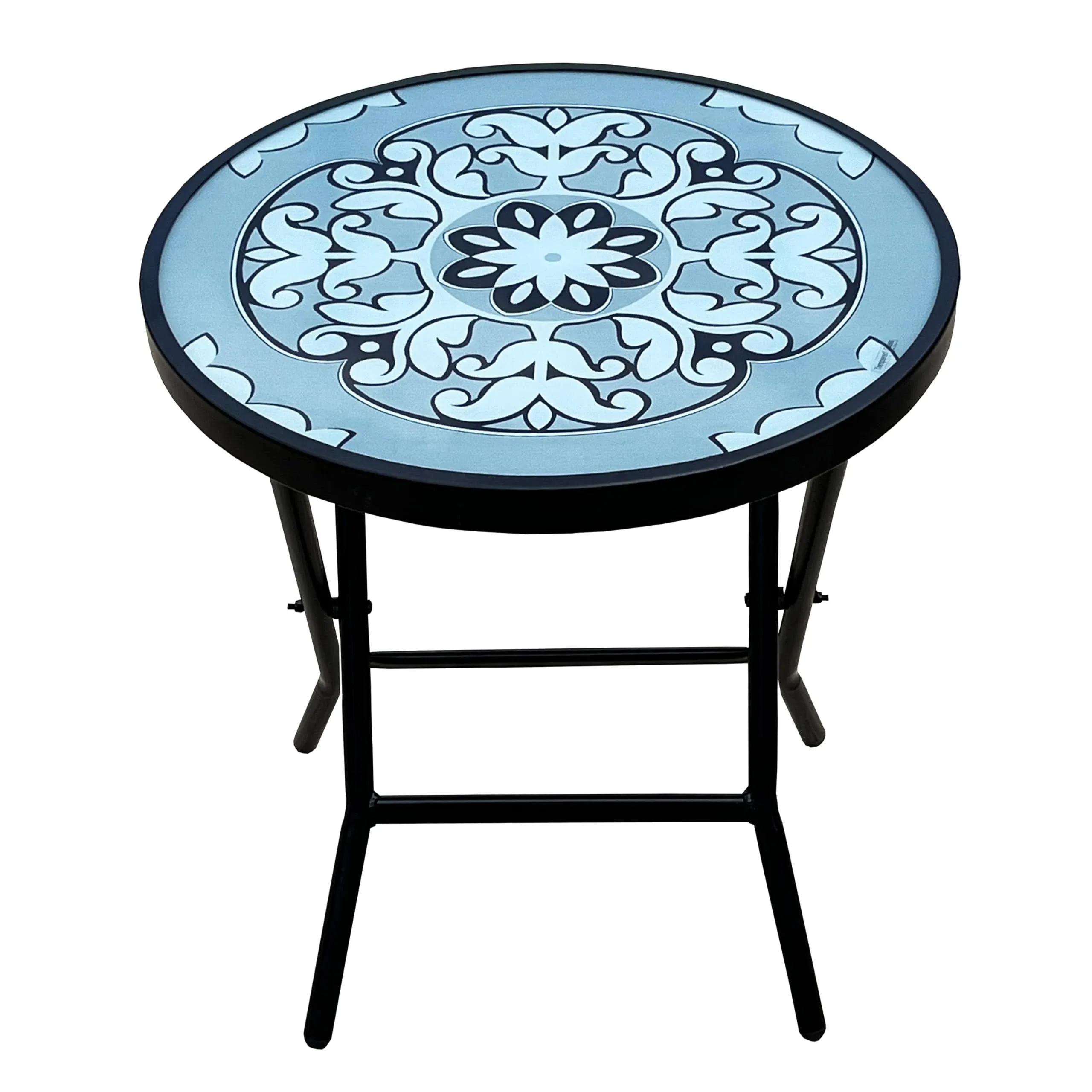  906191 Folding Glass Patio Side Table-Mosaic Pattern-18 Inch Blue