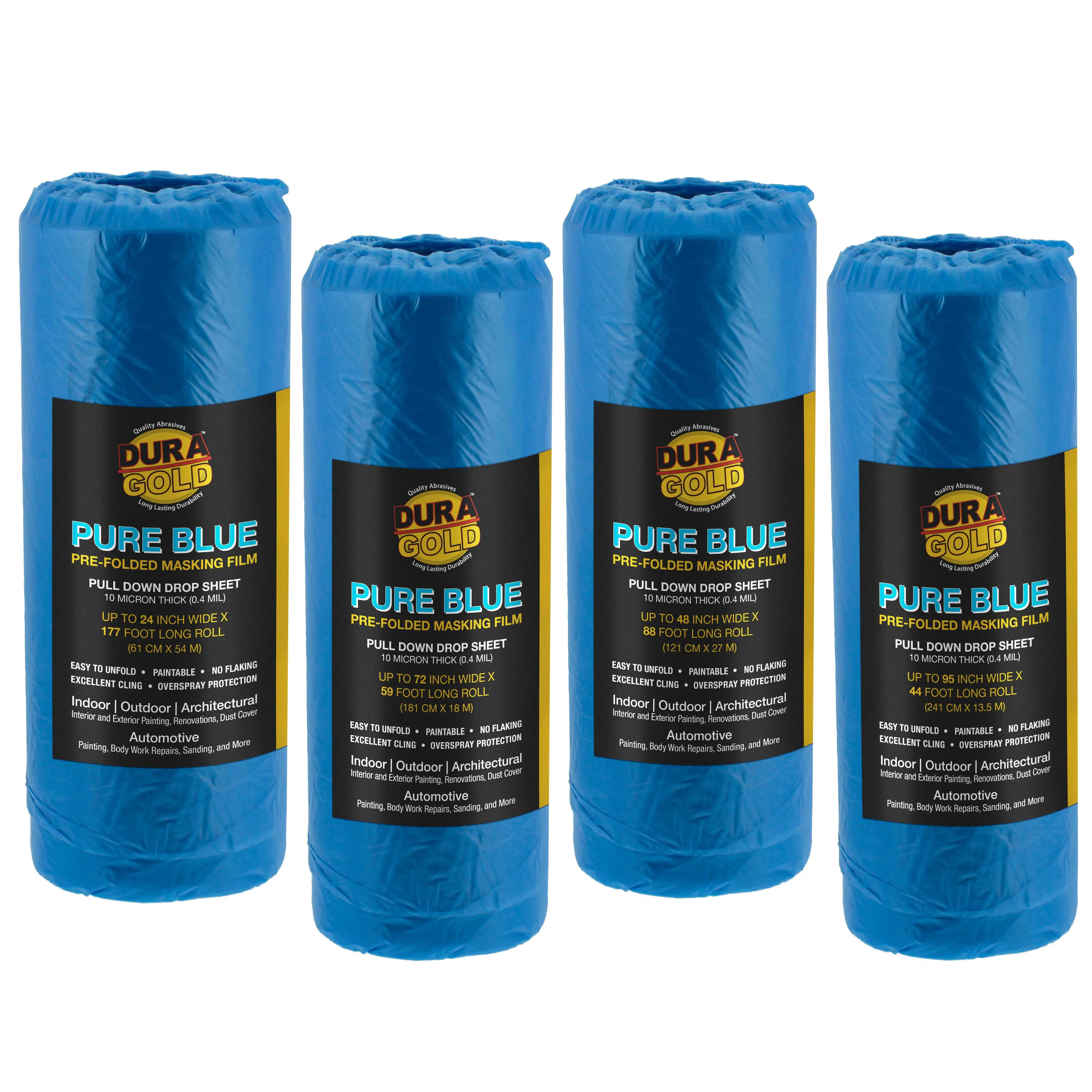 Dura-Gold Pure Blue Pre-Folded Making Film, 4 Roll Variety Pack 24", 48", 72", 95" - Overspray Paintable Plastic Protective Sheeting, Pull Down Drop Sheet, Auto Painting, Cover Cloth Walls Furniture