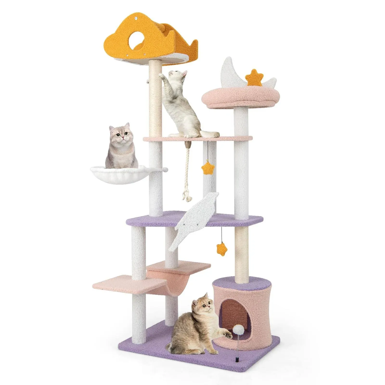 Tangkula Tall Cat Tree, 66 Inch Multi-level Modern Cat Tower with Cat Condo, Sisal Scratching Posts, Airplane-shaped Platform, Plush Perch, Hammock, Dangling Star Toys, Cute Pink Purple Cat Tree Tower