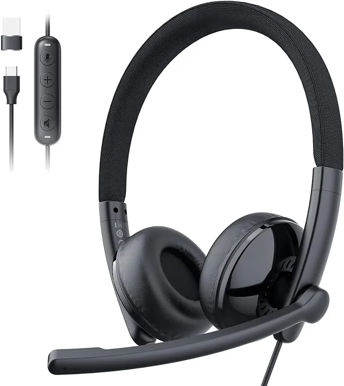 EMEET HS50 Wired Headset with Mic, On-Ear Computer Headphones with Noise Cancelling Microphone, USB-A/USB-C, Adjustable Design, in-line Control for Home Office Online Class Teams Zoom, All Day Comfort