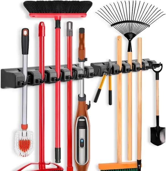 IMILLET 2 Pack Mop And Broom Holder, Wall Mounted Organizer Mop And Broom Storage Tool Rack with 5 Ball Slots And 6 Hooks