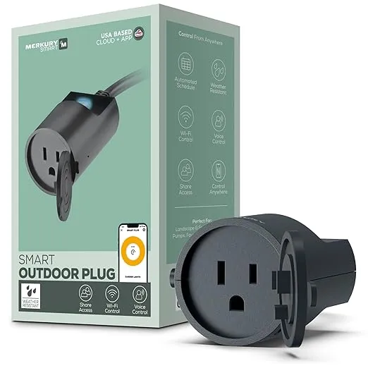 Merkury Outdoor Smart Plug - Smart Outlet, IP65 Weather-Resistant, Alexa Compatible, Remote Control, No Hub Needed - Ideal for Lights and Devices, ETL Certified Black