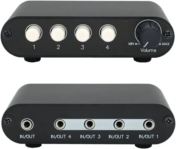 TENEALAY 4-Way 3.5mm Stereo Audio Switch Input Signal Source Switcher Selector Splitter Box with Line Volume Controller 4 in 1 Out 1 in 4 Out -Mc4