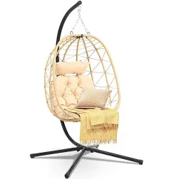 DWVO Egg Hanging Swing Chair with Stand Egg Chair Wicker Egg Chair with Cushions 330lbs for Patio, Bedroom, Garden and Balcony, Dark Gray