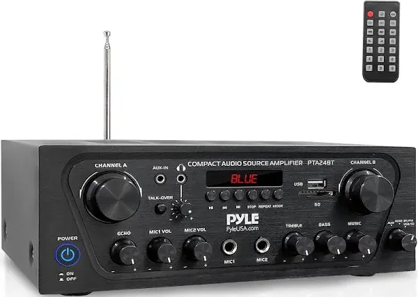 Pyle -Upgraded- 2 Channel Karaoke Home Audio Amplifier w/Bluetooth for Streaming, AUX-in, USB, 2 Microphone Input w/Echo Effect, Talkover for PA, Compact Footprint, Black