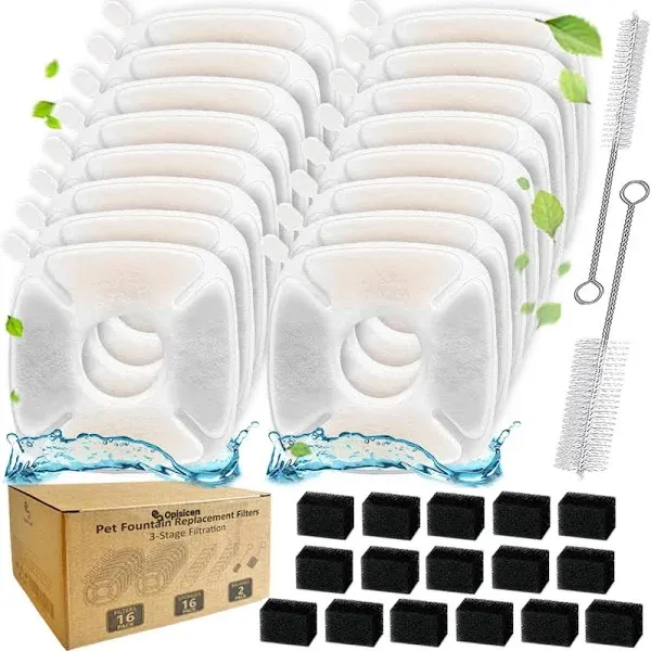 34 Pcs Cat Fountain Filters Replacement 16 Filters+16 Sponges+2 Brushes