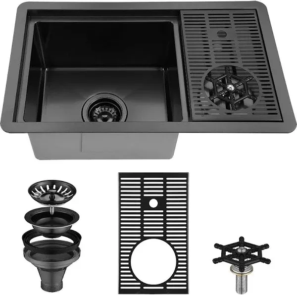 AguaStella AS1514XGB Gunmetal Black Bar Sink with Glass Rinser Stainless Steel Undermount Prep Kitchen Sink 23-1/4 x 14 Inches Single Bowl