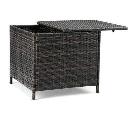 Outdoor Wicker Storage Side Table, Patio Grey PE Rattan End Table with Storage, Square Container for Furniture Covers, Toys, and Gardening Tools