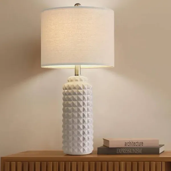 24.5" Single Modern Ceramic Table Lamp - Lamp for Bedroom, White Lamp for Living Room, Farmhouse Nightstand Lamp Tall Bedside Lamp