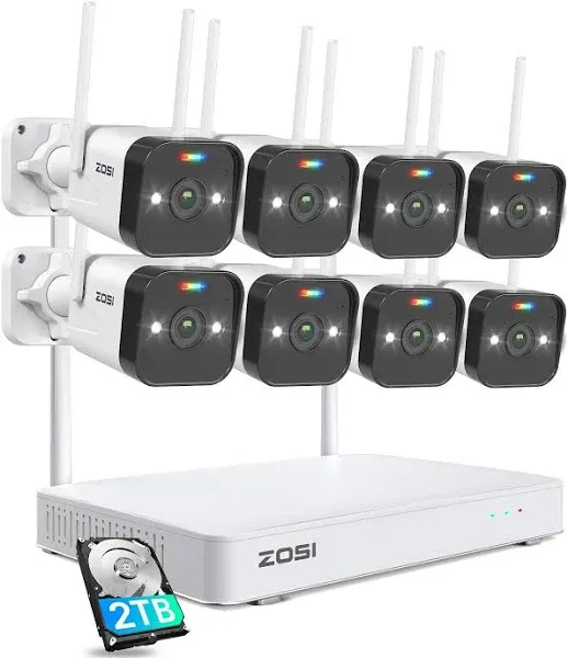 ZOSI 8CH 2.5K Security Camera Wireless System with Person Vehicle Detection,2TB HDD NVR for 24/7 Outdoor Recording,8 x 4MP WiFi Home Cameras with Color Night Vision,2 Way Audio,Spotlight Siren,Plug-in