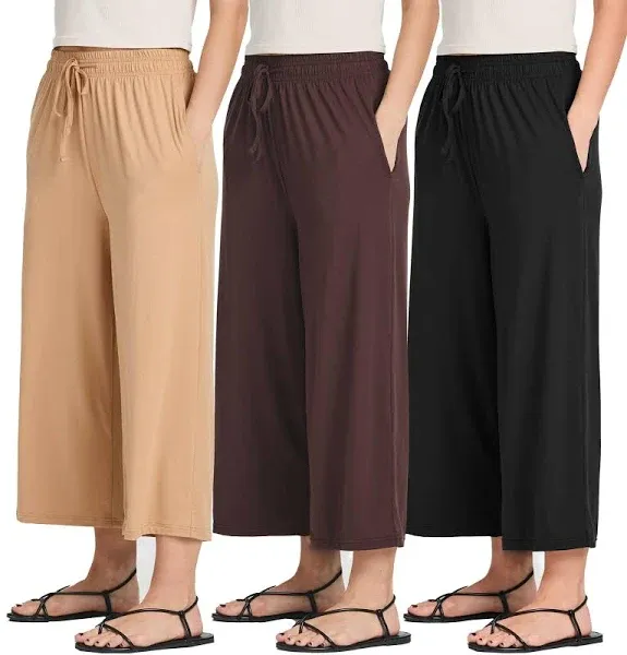 Real Essentials 3 Pack: Women's Ultra-Soft Wide Leg Loose Capri Open Bottom Pants - Yoga Lounge Pockets(Available in Plus)