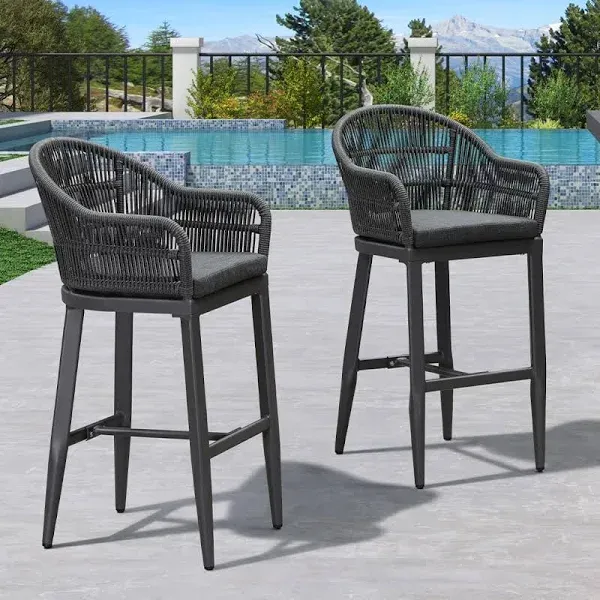 PURPLE LEAF Outdoor Bar Height Stools Set of 2 Patio Metal Modern Wicker Rattan Bar Chairs Woven Aluminum Barstools with Back and Cushions for Balcony Garden Indoor Kitchen Outside Gray