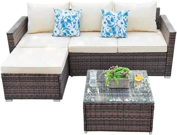 Suntone Patio Furniture Set All Weather Wicker Outdoor Sectional Patio Couch Rattan Patio Sectional with Table and Chairs, 3 Piece Patio Sofa Set, Be