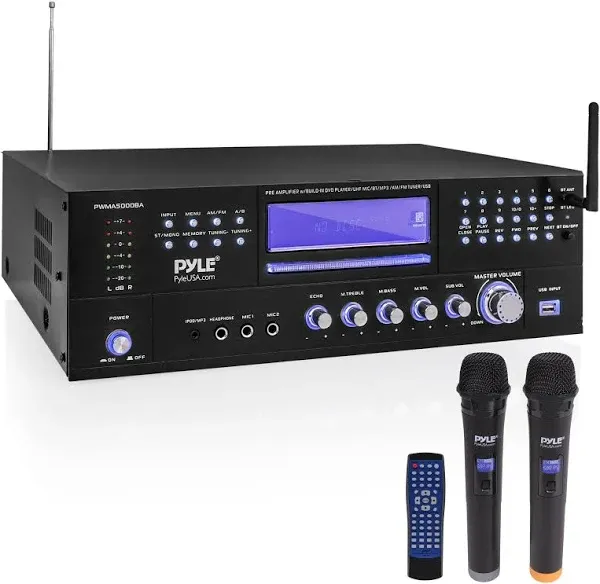 Pyle 4-Channel Karaoke Home Wireless Microphone Amplifier - Audio Stereo Receiver System, Built-In CD DVD Player, Dual UHF Wireless Mic/MP3/USB Reader, AM/FM Radio