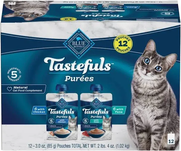 Blue Buffalo Tastefuls Adult Natural Purees Variety Pack Chicken & Tuna Wet Cat Food, 3-oz Pouch, Case of 12