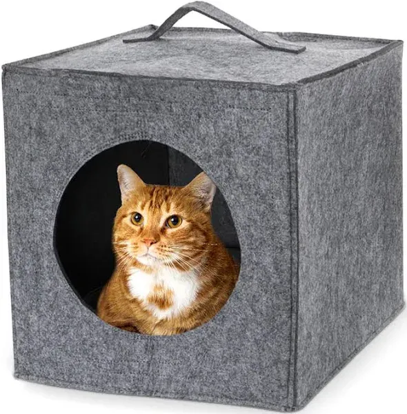 MiMu Cozy Cat Bed Cave - Large Cat Bed Hideouts with Felt Cat Cube Insert Pillow, Covered Cat Bed Box Shaped Cat Hut