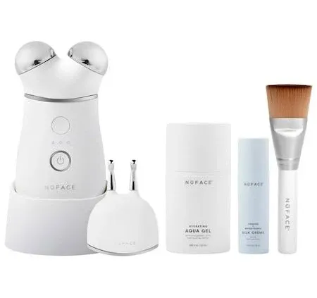 NuFACE Trinity+ Microcurrent Facial Device + Effective Lip & Eye Attachment - FDA Cleared Skin Tightening & Face Toning Device for Targeted Treatment + Microcurrent Gel Activator, Silk Crème & Brush