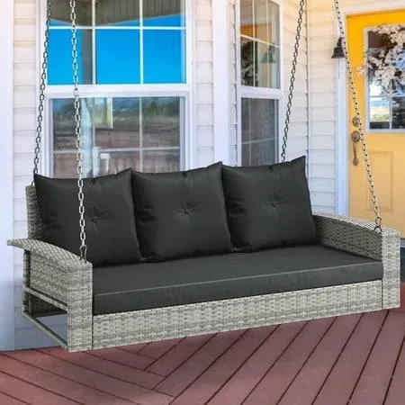 Yitahome 3-Seats Wicker Hanging Porch Swing Chair Outdoor Gray Rattan Patio Swing Lounge 3 Back Cushions Capacity for Garden