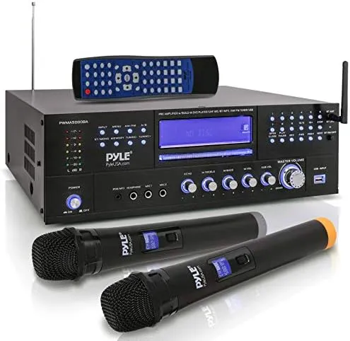 Pyle 4-Channel Karaoke Home Wireless Microphone Amplifier - Audio Stereo Receiver System, Built-In CD DVD Player, Dual UHF Wireless Mic/MP3/USB Reader, AM/FM Radio