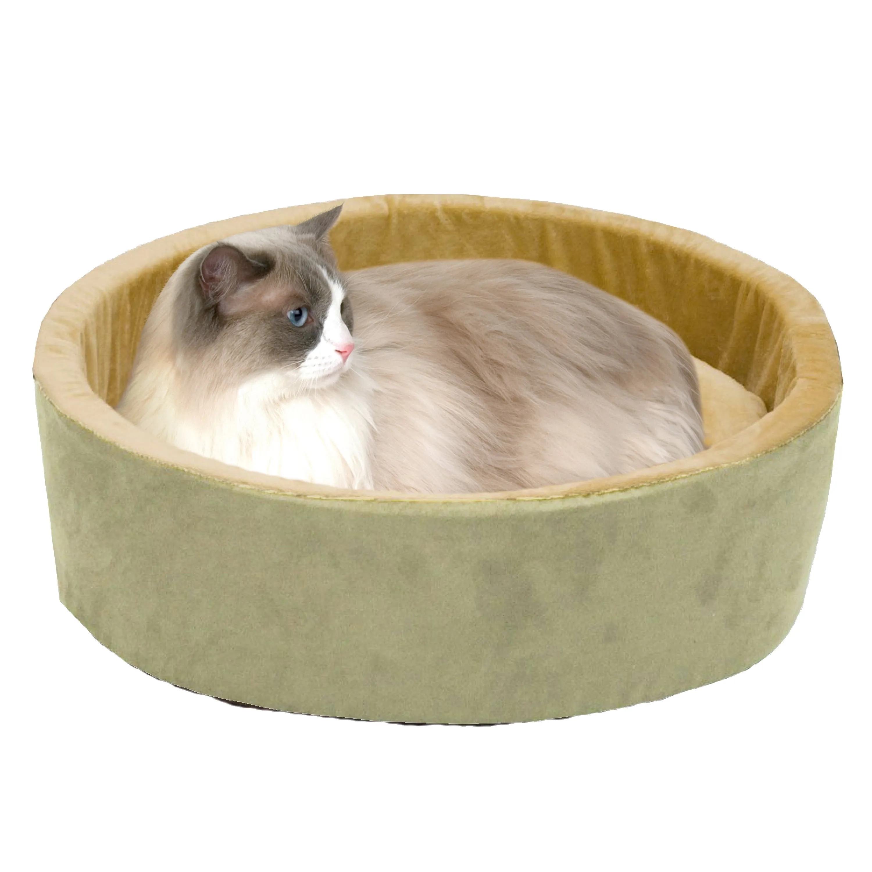 K&H Pet Products Heated Cat Bed Thermo-Kitty Bed, Heated Pet Bed for Indoor Cats and Small Dogs, Electric Thermal Plush Warming Pet Bed, Calming Cat Heating Bed, Small 16 Inches Round Sage/Tan